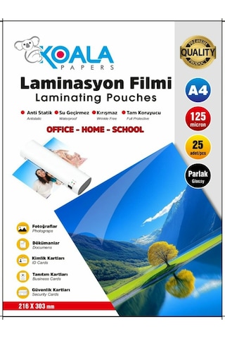 Laminasyon Filmi A4 125 Micron 25 Li Yüksek Kalite Koruma Ve Parlaklık