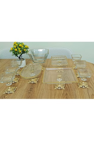 Elta Collection 10 Parca Gold Metal Ayaklı Pasta - Salata - Tatlı - Kase Ve Servis Sunum Seti Gold
