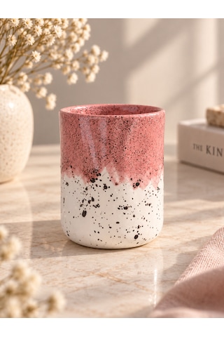 Artistik Sırlı El Yapımı Parmak İzli Seramik Kupa Beyaz-pembe