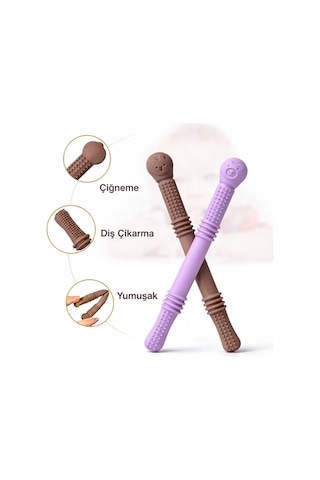 Bebek Diş Kaşıyıcısı Silikon Pipet & Diş Kaşıyıcı Set 2 Li Kahverengi & Mor Yeşil - Sarı