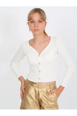 Kız Çocuk Kaşkorse Taşlı Düğmeli Hırka-14807 Ekru