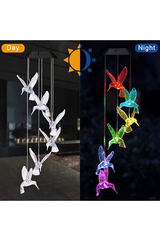 Qingmipy Güneş Enerjili Renk Değiştiren Led Bahçe Rüzgar Çanı - Kuş Figürlü Dekoratif Aydınlatma Şeffaf