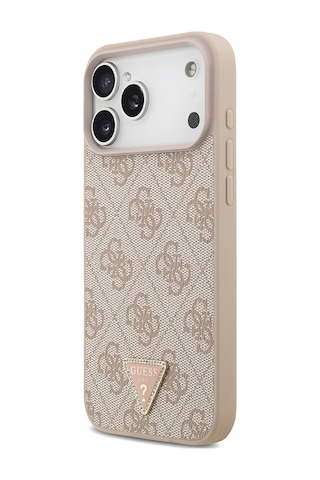 Apple iPhone Uyumlu 18 Pro Max Kılıf Guess Lisanslı M-safeli Taşlı Üçgen Logo 4g Desenli Strass Kapak Pembe