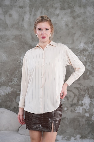 Çizgili Klasik Kadın Gömlek Bej