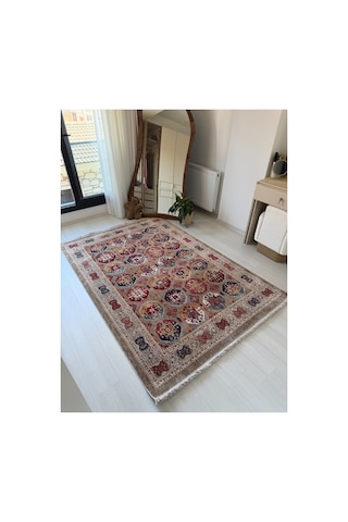 Alize Klasik Desenli Salon Halısı Etnik Motifli Saçaklı Dekoratif Bej Bordo Halı Bej