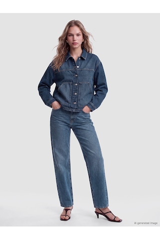 Lcw Vision İndigo Gömlek Yaka Oversize Kadın Jean Ceket