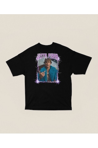 Justin Bieber Baskılı Unisex Oversize Şarkıcı Tişört Siyah