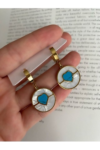 Kadın Sedefli Mavi Kalp Çelik Kararmaz Küpe Çifti