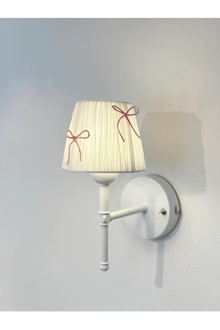 Candy Pembe Fiyonk Kurdele Beyaz Rafya Kablosuz Pilli Duvar Aydınlatması Aplik - Alt Beyaz Pembe