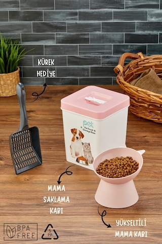 Evcil Hayvan Kedi Ve Köpek Mama Saklama Kabı & Mama Kabı Seti Kürek Hediyeli 3'lü Set - Pembe