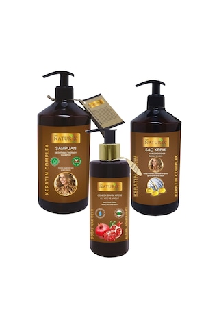 Naturix Tuzsuz Keratin Şampuan 600 ML + Keratin Saç Kremi 500 ML + Nar Özlü El Yüz ve Vücut Kremi 250 ML