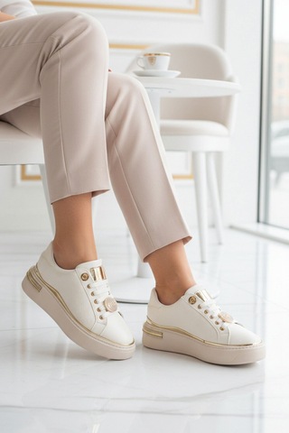 Ayakmod Beyaz Bağcıklı Taş İşlemeli Hafif Kadın Sneaker 431156 Z Beyaz
