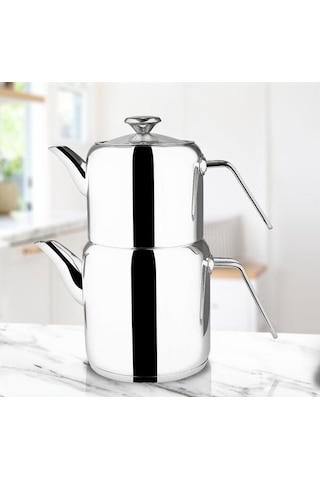 Çelik Çaydanlık Takımı Silindir Model Metal Saplı Çelik