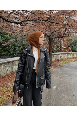 Kadın Siyah Oversize içi Kürklü Kemerli Biker Deri Ceket Siyah