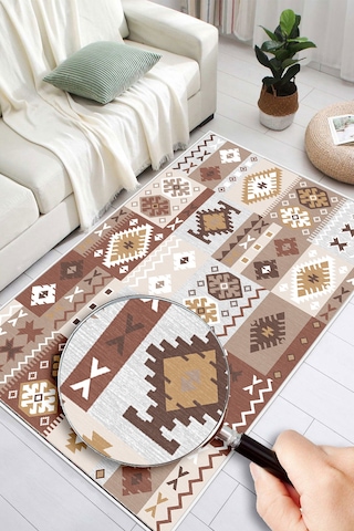 Otantik Anadolu Kaymaz Taban Dijital Baskılı Yıkanabilir Vizon Salon Halısı Kilim Yolluk