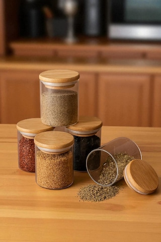 6'lı Borosilikat Cam Baharatlık Seti - Sızdırmaz Silikonlu Bambu Kapak - 70 X100-300 Ml X6 Beyaz