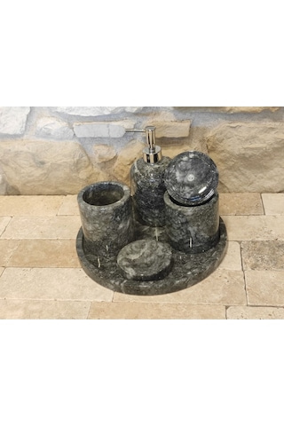 Uludağ Siyahı Mermer 5'li Banyo Seti Köşe Tepsili Beyaz