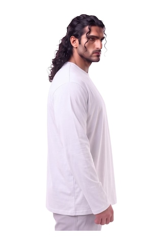 Erkek Büyük Beden 115 - 155 Kilo Arası Uygun Bedenli % 100 Pamuk Uzun Kol Bisiklet Yaka Sweatshirt Beyaz