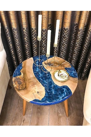 Favdecor Yuvarlak Epoksi Nehir Sehpa, Yuvarlak Reçine Ceviz Sehpa