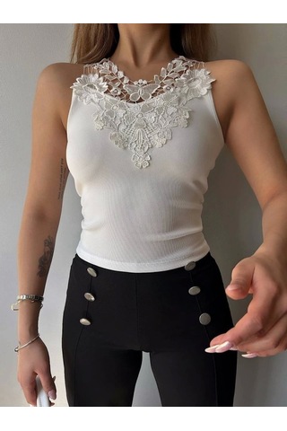 Defymoda Kadın Ottoman Kumaş Dantel Detaylı Bluz Beyaz