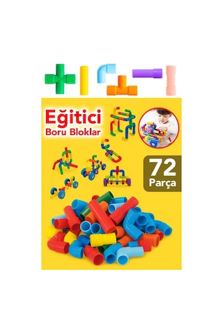 72 Parça Oyun Yapı Blokları - Renkli Tekerlekli Boru Blokları Eğitici Öğretici Oyuncak