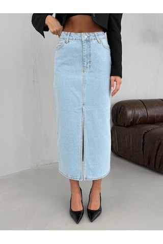 Yüksek Bel Yırtmaçlı Denim Etek Çok Renkli