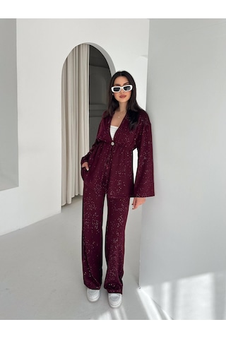 Kadın Simli Uzun Kol Modal Kumaş Kimono Pantolon İkili Takım Şık Ve Rahat Kadın Takım Bordo