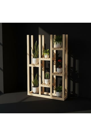 Woodesta Masif Ahşap Dekoratif Çiçeklik - 120x120 Cm Çok Katlı Modern Bahçe Balkon Saksılık Standı Bej