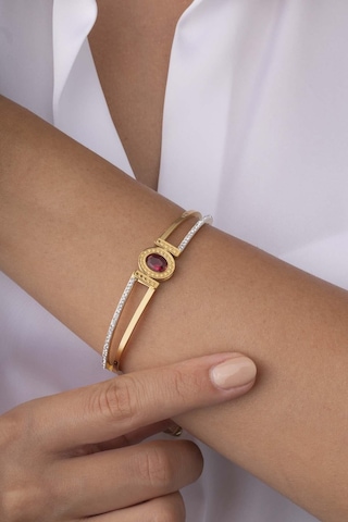 Gümüş Pazarım Kırmızı Taşlı Çift Şeritli Altın Kaplama Kadın Çelik Kelepçe Bileklik Renkli