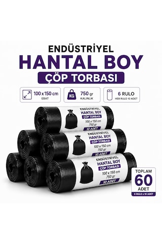 Hantal Boy Endüstriyel Çöp Torbası Siyah 100x150 Cm 700 Gr Ekstra Dayanıklı Sızdırmaz 6 Rulo / 60 Adet