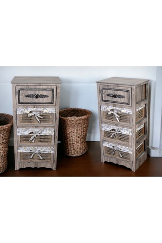 Ahşap 4 Çekmeceli Hasır Görünümlü Sebzelik Rustik