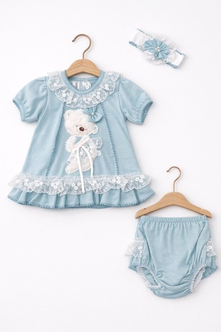 Kardeşler Bebe Dantelli Ayıcıklı Kız Bebek Elbise Takım Saç Bantlı 3 Lü Set Turkuaz