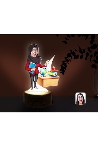 Kişiye Özel Tesettürlü Kadın Öğretmen Karikatürlü Dekoratif 3D Bi (481501229)