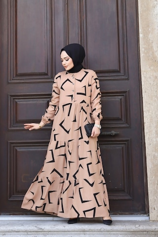 Hira Life Fashion Kadın Tesettür Mevsimlik Beli Kuşaklı Dokuma Viskon Elbise Vizon-siyah Vizon-siyah