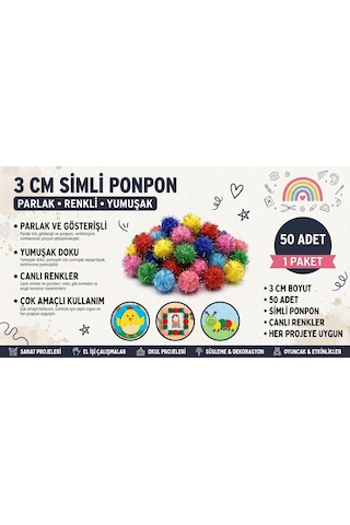 Simli Ponpon 3 Cm 50 Adet Karışık Renk Pon Pon Kreş Okul Etkinliği