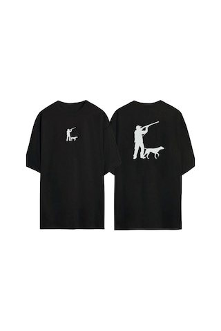 Thewert Unisex Avcı Ve Köpek Siluet Çizimi Ön Arka Baskılı Sıyah Oversize T-shirt Siyah