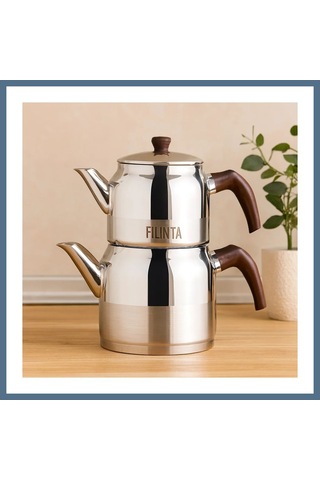 Buradabulabilirsin Orta Boy Çelik Çaydanlık Seti Çift Kapaklı, Süzgeçli 1.25l/2.25l Bbz