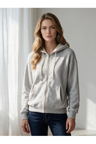 Nealirsanall.com Kadın 3 İplik Şardonlu Oversize Fermuarlı Kapşonlu Sweatshirt Kahverengi