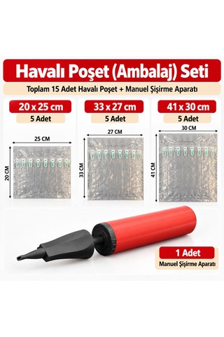 3 Lü Havalı Poşet Seti Toplam 15 Adet + Şişirme Aparatı