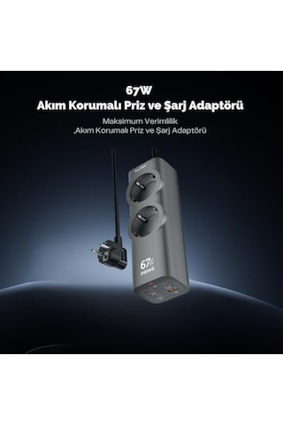 Akım Korumalı Priz, Güç Şeridi, 67w Gan Hızlı Şarj Adaptörü, Tam Zamanlı 6 Bağlantı Noktası, 2x Priz Girişi, 1x Usb Girişi, 3x Type-c Girişi, Yüksek Verimlilik 1.5 Metre