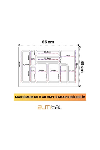 65x49 Cm Antrasit Antibakteriyel Kaşıklık, 60x40 Cm'e Kadar Kesilebilir, Çekmece İçi Kaşıklık Antrasit - Gri