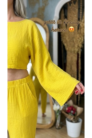 Byemelika Kayık Yaka, İspanyol Kol, Bürümcük, Lucia Crop Bluz Sarı