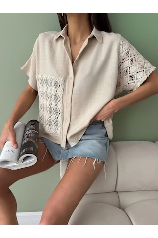 Kadın Keten Oversize Krem Dantel Detay Kısa Kollu Gömlek Krem