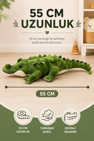 55 Cm Peluş Timsah Küçük Boy Yumuşak Oyuncak Uyku Arkadaşı Sevimli Peluş Timsah Yeşil