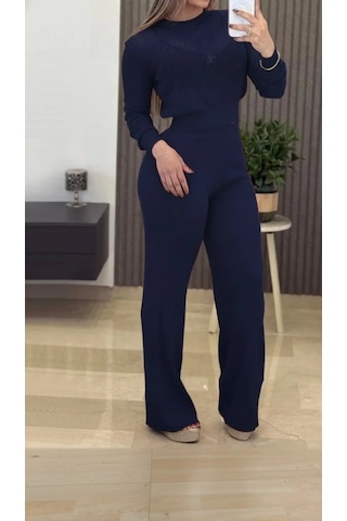 Defymoda Kadın Uzun Kollu Yuvarlak Yaka Transparan Detaylı Triko Bluz Ve Pantolon Ikili Takım Lacivert