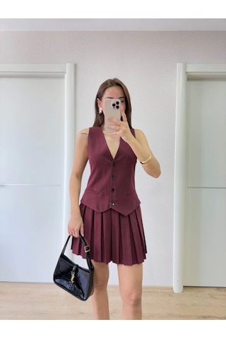 Etiler Collection Takım Görünümlu Yelekli Mini Elbise- Bordo
