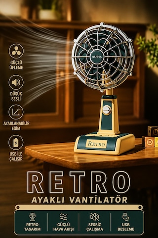 Exenar - Bej - Şarjlı Masaüstü Mini Vantilatör Fan Retro Tasarım Vintage Mini Üfleme Şarjlı 1800mah Batarya 3 Mod