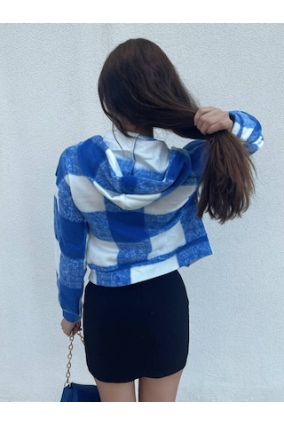 Kapşonlu Ekose Polar Crop Ceket -mavi Karışık