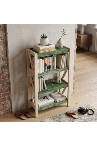 Mobenta Libra Frame: Masif Ahşap Kitaplık & Raflı Depolama 4 Raflı - Bz-ye Krem-yeşil