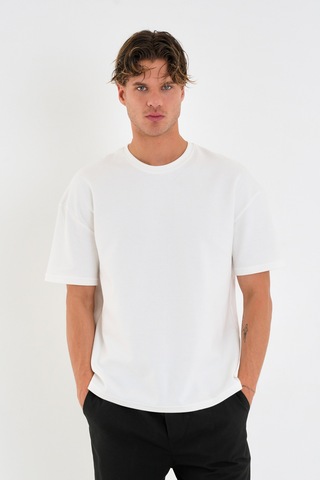 Blank Unisex Oversize Geniş Kesim Tişört %100 Pamuk Kalın Dokulu Bisiklet Yaka T-shirt Beyaz